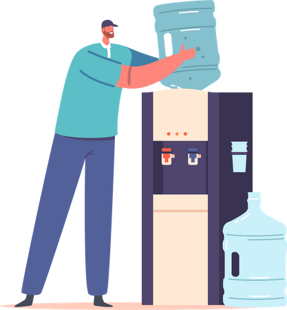 Water delivery Worker Installing Water Balloon On Cooler  Illustration