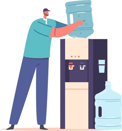 Water delivery Worker Installing Water Balloon On Cooler  Illustration