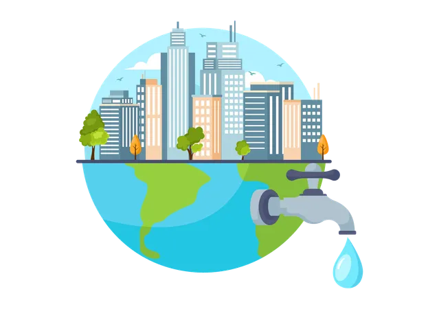 Water Saving Vector Illustration For Mineral Savings Campaign And Energy Utilization With Faucet And Earth Concept In Flat Cartoon Background Illustration