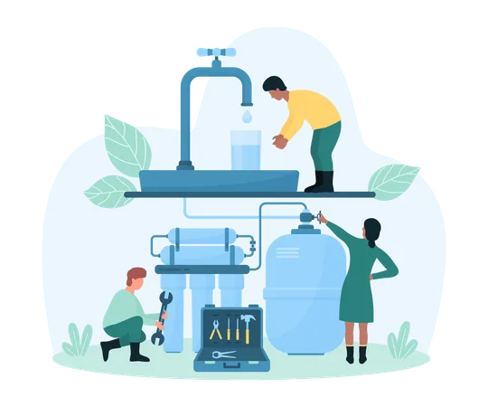 Water Filter Instalation At Home Vector Illustration Cartoon Tiny People From Maintenance Service Install Water Purification System Under Faucet In Kitchen Or Bathroom Of House Repairman With Wrench Illustration