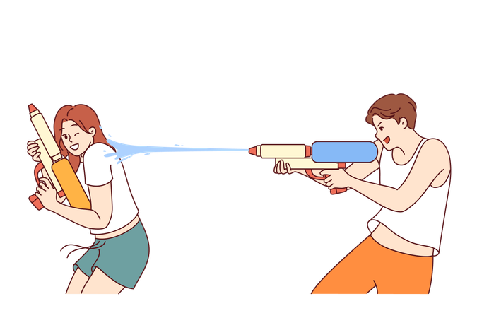 Water gun game for cheerful boy and girl enjoying being doused with water on hot summer day  Illustration