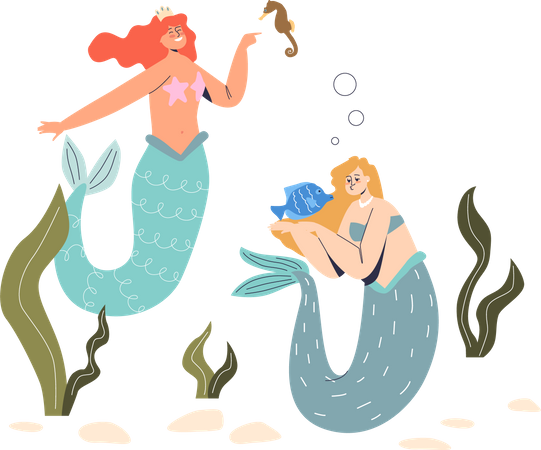 Water nymphs holding sea horse and fish  Illustration