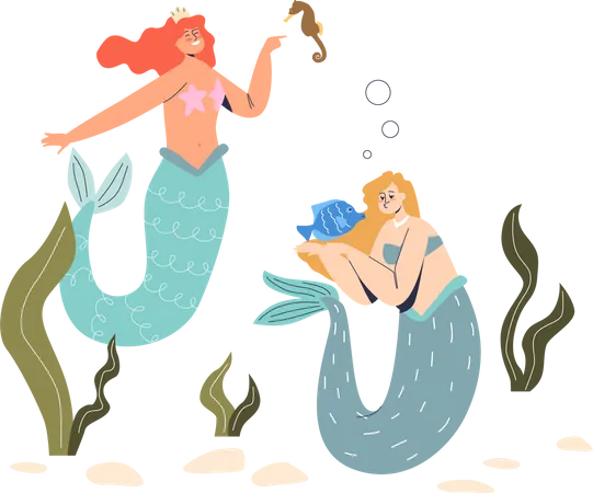 Water nymphs holding sea horse and fish Illustration
