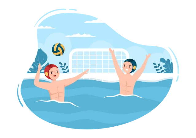 Water Polo Sport Player Playing To Throw The Ball On The Opponents Goal In The Swimming Pool In Flat Cartoon Hand Drawn Templates Illustration Illustration