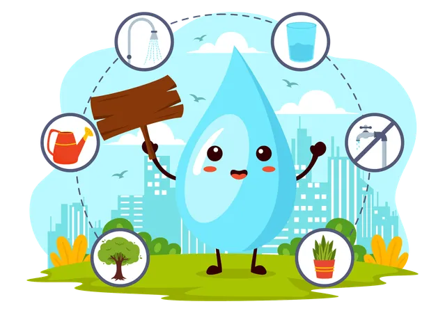 Water Saving Vector Illustration For Mineral Savings Campaign And Energy Utilization With Faucet And Earth Concept In Flat Cartoon Background イラスト