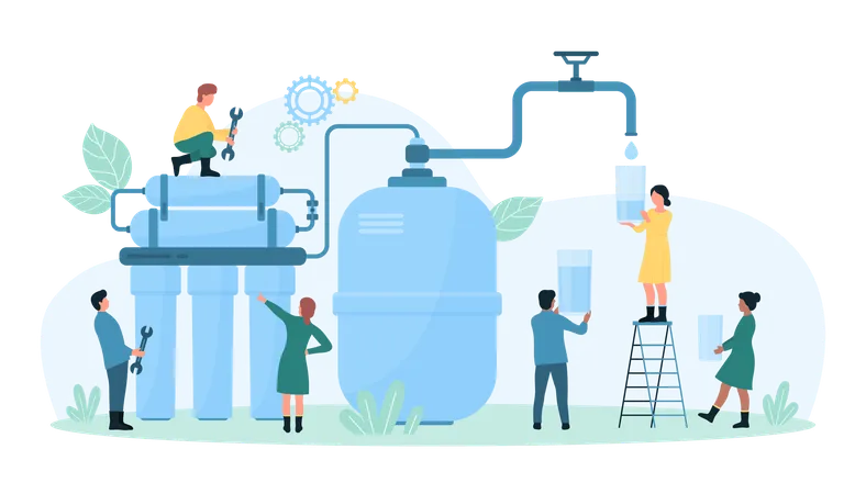 Water Purification Service Vector Illustration Cartoon Tiny People Repair System Of Filters Tanks And Pipes For Filtration And Water Treatment Pouring Purified Drinking Liquid From Tap Into Glass Illustration