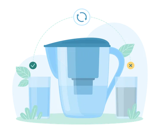 Water Purification With Filter In Pitcher Vector Illustration Cartoon Infographic Scheme With Filtration Plastic Container Glasses With Dirty And Clean Blue Purified Water Carbon Filter In Jug Illustration