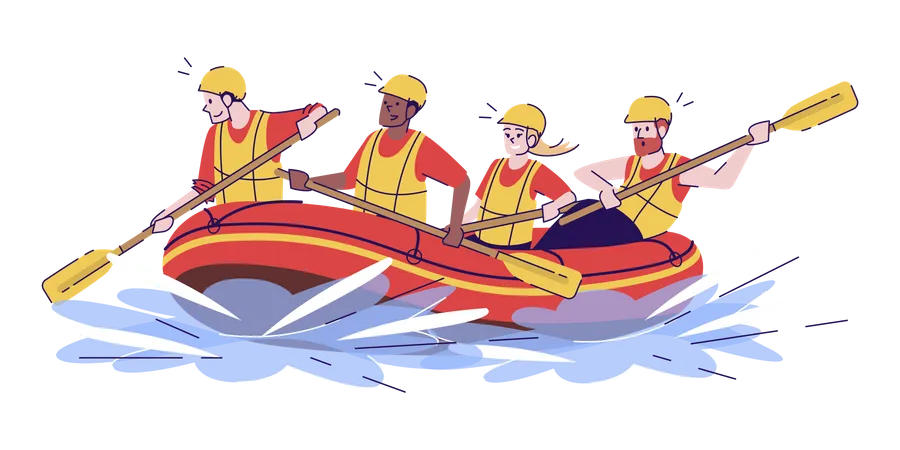 Whitewater Rafting Flat Doodle Illustration People In Raft Water Activity Extreme Sports Active Pastime In Exotic Country Indonesia Tourism 2 D Cartoon Character With Outline For Commercial Use Illustration
