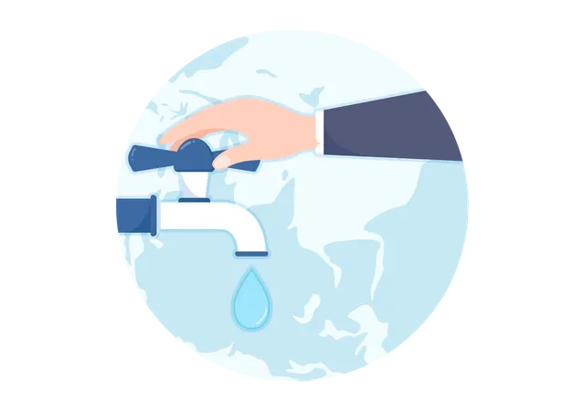Water Saving Templates Hand Drawn Flat Cartoon Illustration For Mineral Savings Campaign With Faucet And Earth Concept Illustration