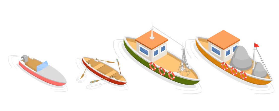 3 D Isometric Flat Vector Set Of Boats Water Transport Vessels Illustration