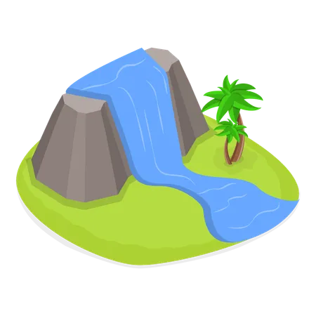 Waterfall flowing down from hills on island  Illustration