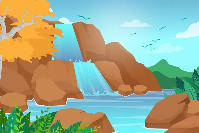 Waterfall In Mountain Range Rocks And Water Pond And Lake Sky With Cloud And Birds Nature Landscape Cartoon Flat Vector Illustration Style Illustration