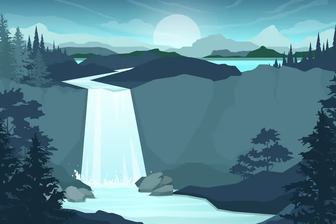 Waterfall In Mountain Range Rocks And Water Pond And Lake Sky With Cloud And Birds Nature Landscape Cartoon Flat Vector Illustration Style Illustration