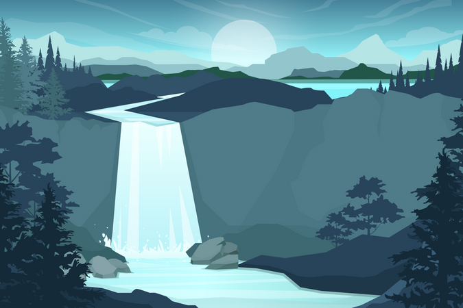 Waterfall in mountain range  Illustration