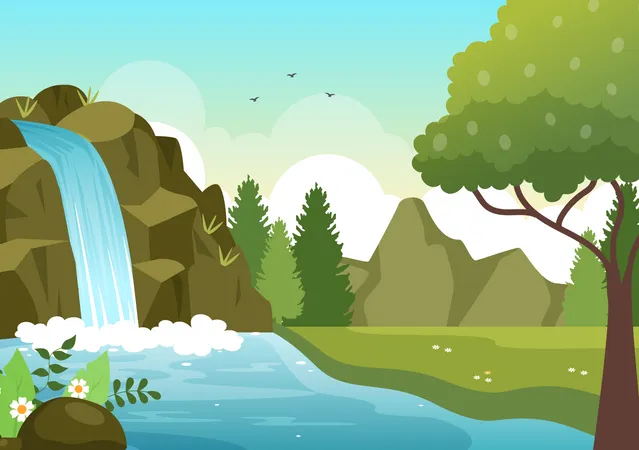 Waterfall Jungle Landscape Illustration