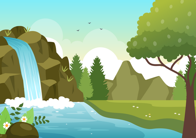 Waterfall Jungle Landscape  Illustration