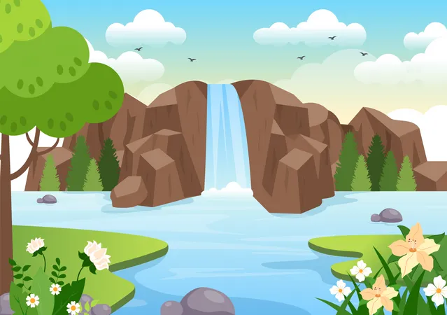 Waterfall stream in rainforest Illustration