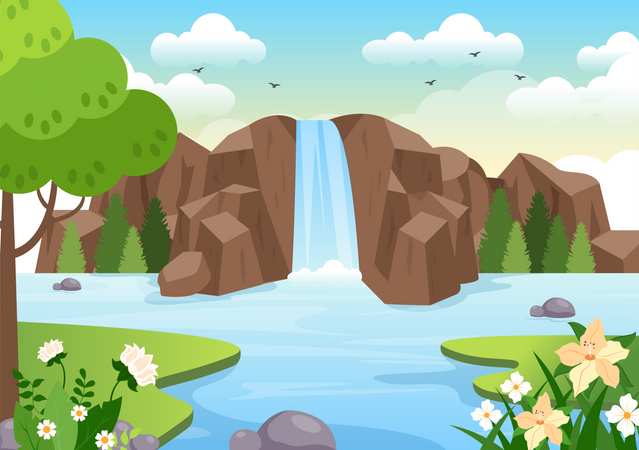 Waterfall stream in rainforest  Illustration