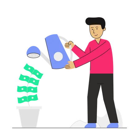 Guy Watering A Plant Of Money Illustration