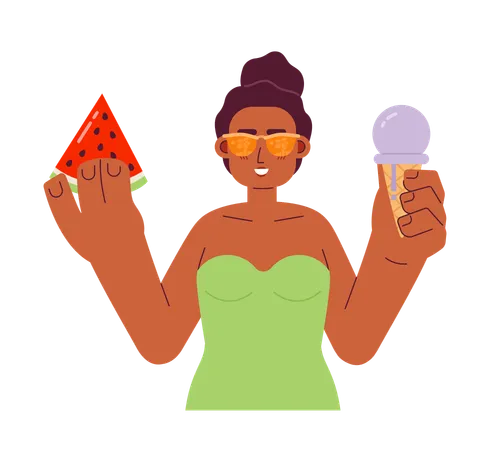 Watermelon And Ice Cream On Beach Flat Vector Spot Illustration African American Woman In Swimsuit 2 D Cartoon Character On White For Web UI Design Eating Fun Isolated Editable Creative Hero Image Illustration