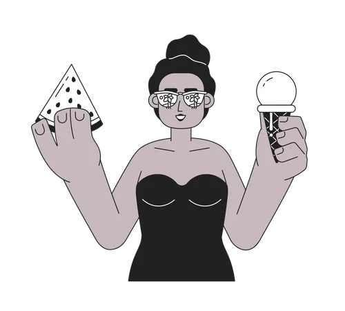 Watermelon And Ice Cream On Beach Monochrome Vector Spot Illustration African American Woman In Swimsuit 2 D Flat Bw Cartoon Character For Web UI Design Fun Isolated Editable Hand Drawn Hero Image Illustration