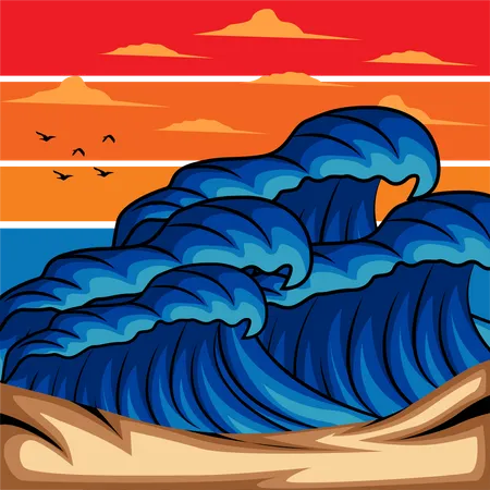 Waves In Ocean Retro Design Landscape Illustration