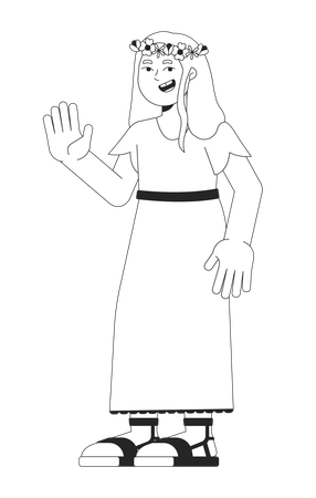 Waving pre-teen girl caucasian in white dress  Illustration