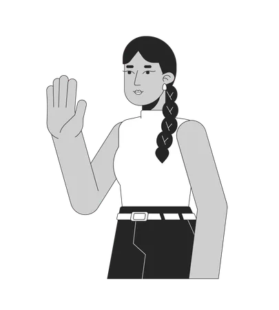 Waving Pretty Indian Woman With Long Braid Black And White 2 D Line Cartoon Character South Asian Lady Saying Hi Isolated Vector Outline Person Stop Hand Monochromatic Flat Spot Illustration Illustration