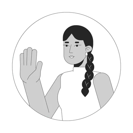 Waving Pretty Indian Woman With Long Braid Black And White 2 D Vector Avatar Illustration South Asian Lady Saying Hi Outline Cartoon Character Face Isolated Stop Hand Flat User Profile Image Illustration