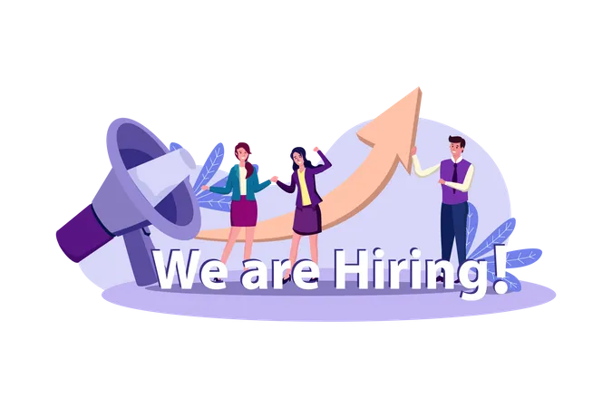 Teamwork Standing And Sitting With Big Megaphone Behind And Shout We Are Hiring Illustration