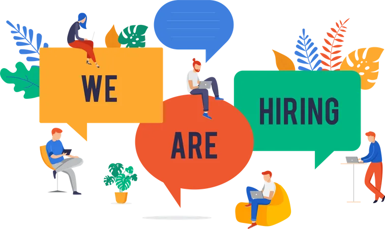 Join Our Team We Are Hiring Image Concept Vector Illustration Of A Group Of Young People Figures With Giant Speech Bubbles Illustration