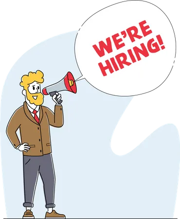 We Are Hiring Concept Manager Character Search Employee Hire On Job Using Loudspeaker Human Resource Social Media Presentation For Employment Recruiting Head Hunting Linear Vector Illustration Illustration