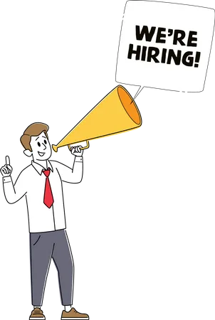 We Are Hiring Recruiting Head Hunting Concept Manager Character Search Employee Hire On Job Using Megaphone Human Resource Social Media Presentation For Employment Linear Vector Illustration Illustration