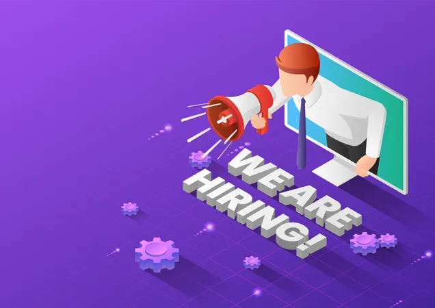 3 D Isometric Web Banner Businessman Holding Megaphone Come Out From Monitor With We Are Hiring Text Job Hiring And Business Recruiting Landing Page Concept Illustration
