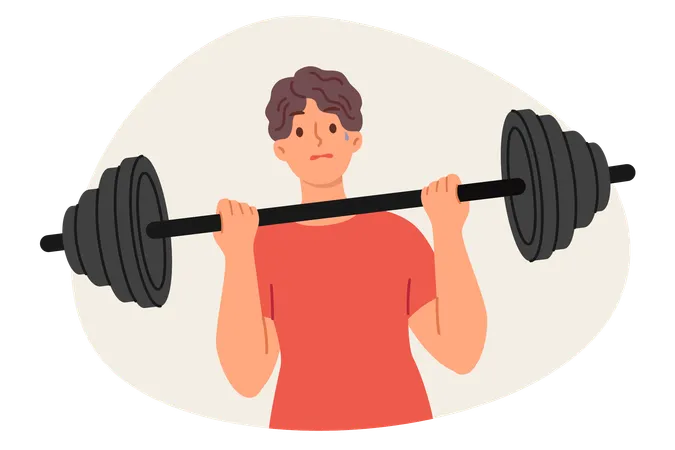 Weak man is doing fitness trying to lift barbell to pump up big muscles and improve immunity  Illustration