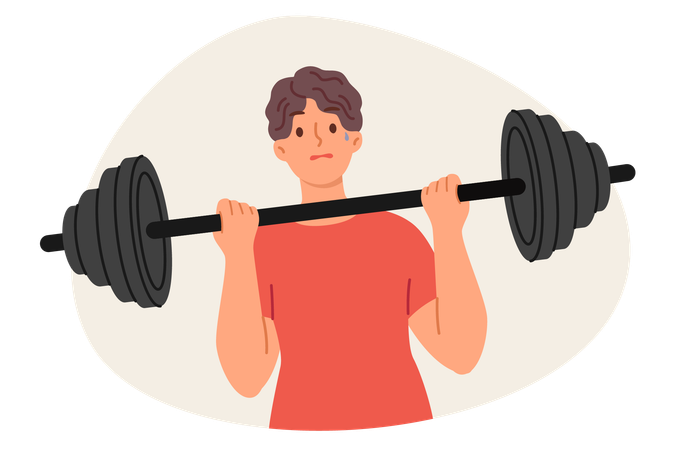 Weak man is doing fitness trying to lift barbell to pump up big muscles and improve immunity  Illustration