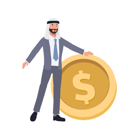 Wealth and Success with Professional Arab Man in Suit near Big Golden Coin  Illustration