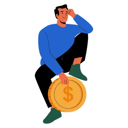 Wealth Man sit with Dollar Coin  Illustration