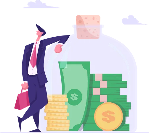 Successful Business Man Character Stand In Confident Posture At Huge Glass Jar With Stack Of Gold Coins And Money Bills Inside Financial Profit Salary Wealth Concept Cartoon Flat Vector Illustration Illustration