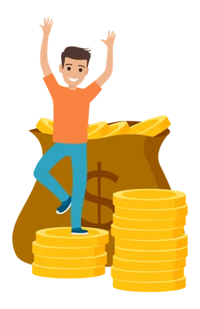 Happy Businessman With Cash Money Man Dancing On Stack Of Currency Pennies Positive Guy Rejoices At Wealth And Business Success Male Character In Dance On Pile Of Gold Coins Vector Illustration Illustration