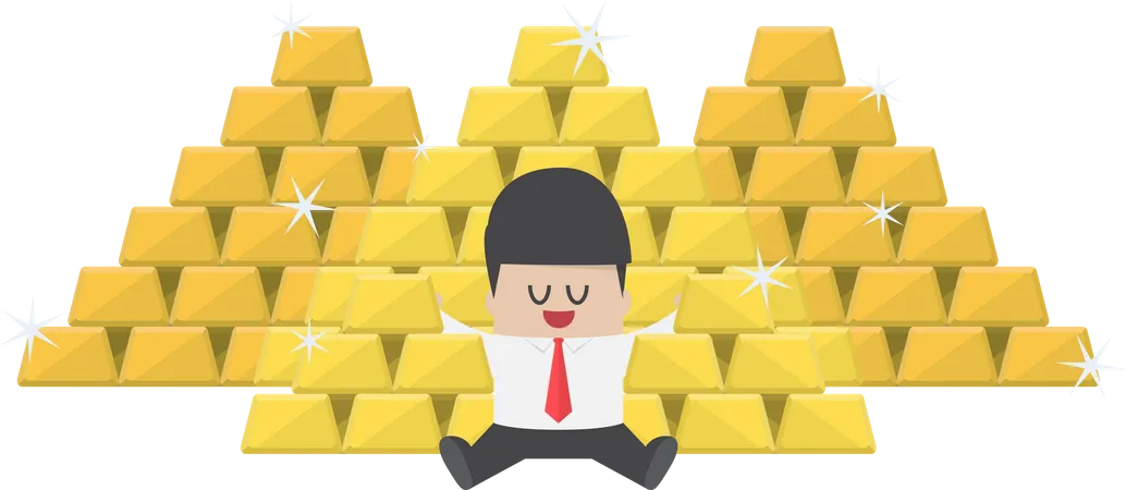 Businessman Sitting With A Pile Of Gold Bars Gold Market Successful Business Wealth Concept Illustration