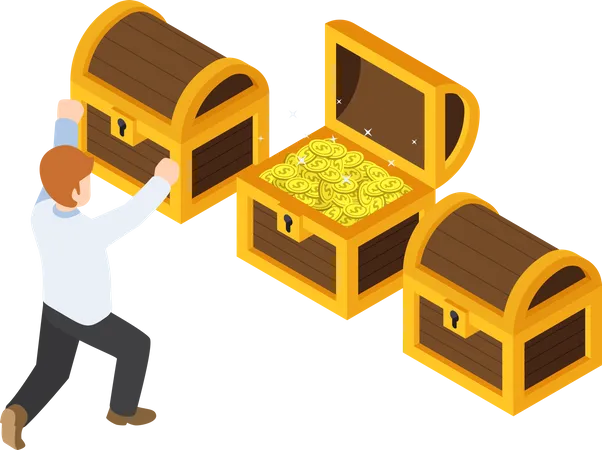 Flat 3 D Isometric Happy Businessman With Opened Treasure Chest Wealth And Business Success Concept Illustration