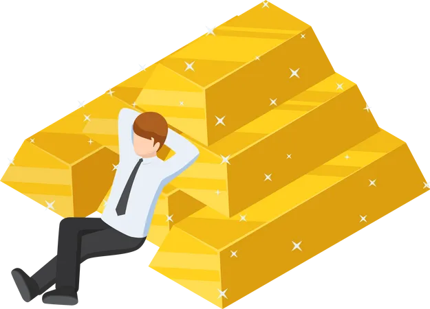 Flat 3 D Isometric Businessman Resting With The Pile Of Gold Bar Business Success And Gold Market Concept Illustration