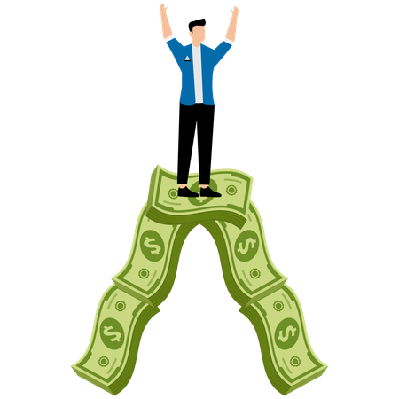 Wealthy businessman standing on mountain of wealth  Illustration