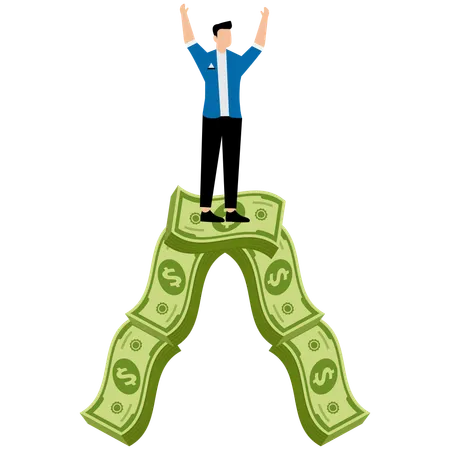 Wealthy businessman standing on mountain of wealth  Illustration