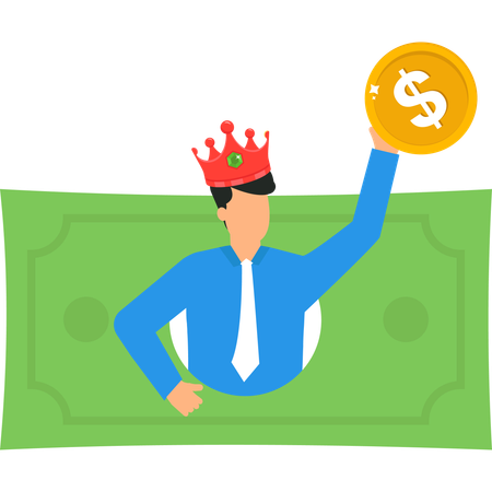 Wealthy Businessman with Crown Holding Dollar Coin  Illustration