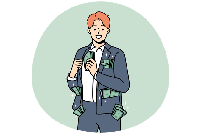 Wealthy businessman with money in pockets  Illustration