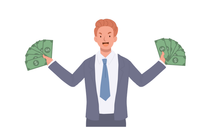 Wealthy businessman with pile of cash  Illustration