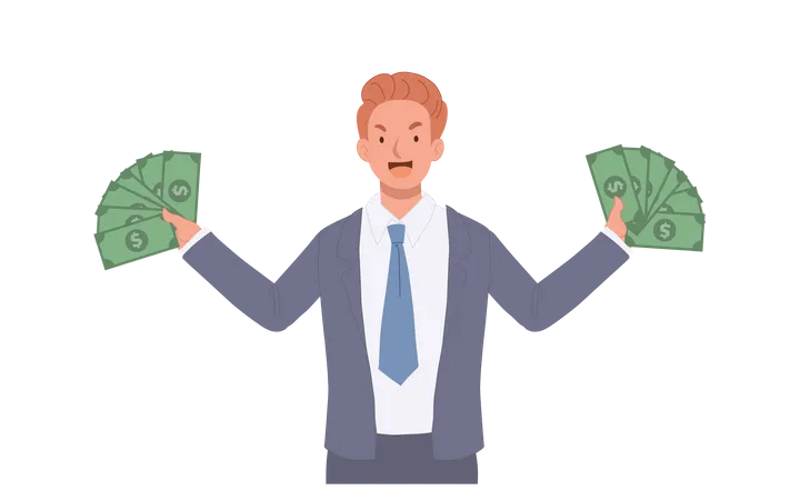 Wealthy businessman with pile of cash  Illustration