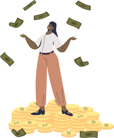 Business Woman Throwing Cash Up Businesswoman Standing At Coins Stack Under Money Rain Millionaire Female Financial And Business Success Wealth Concept Flat Vector Illustration Illustration